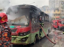 36-hr blockade: ‘Bahon Paribahan’ bus set on fire in Gulistan