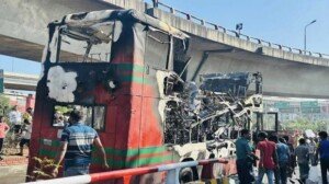 BRTC’s double-decker bus burnt into ashes in Dhaka