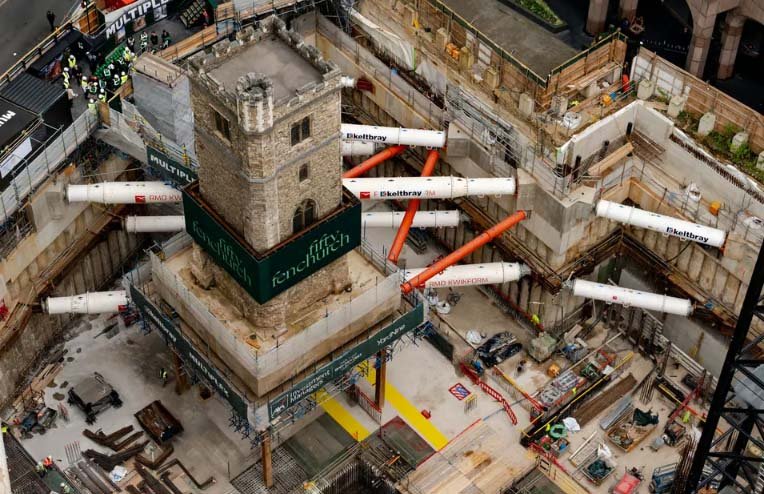 700-year-old church tower is suspended 45ft above the ground in City of London building site