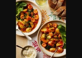 Georgina Hayden’s quick and easy recipe for smoky prawn, new potato and spinach stew